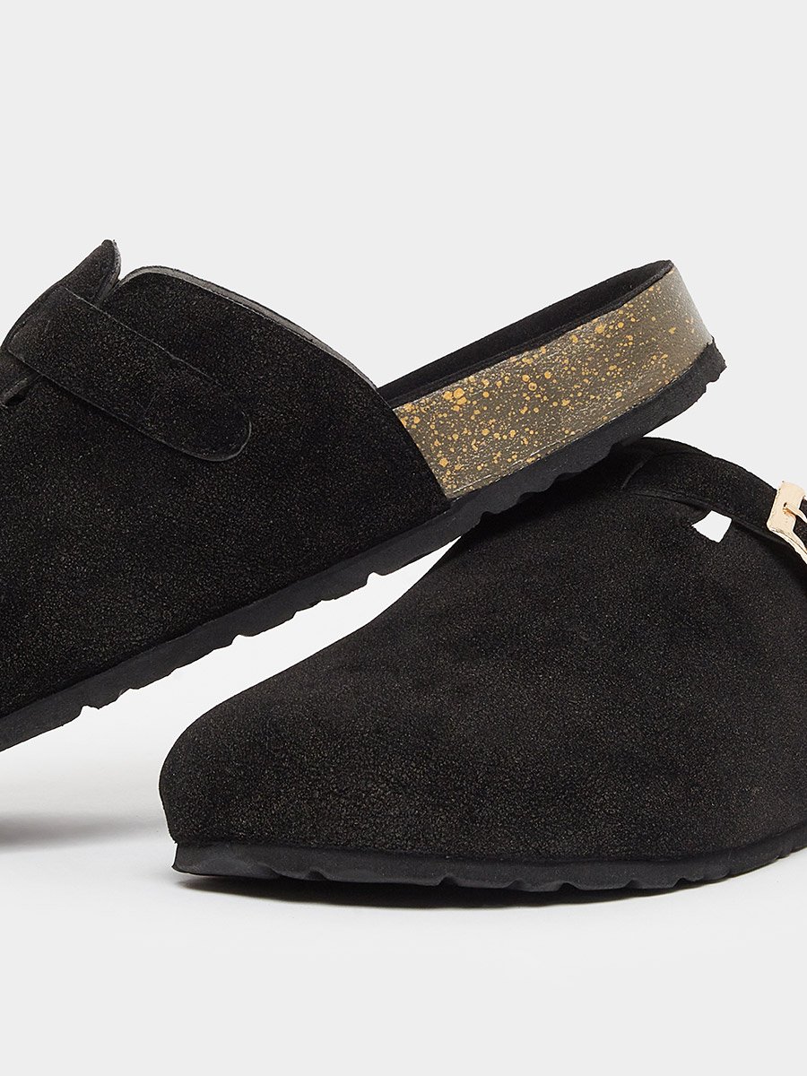 Men Black Suede Comfort Mules with Buckle