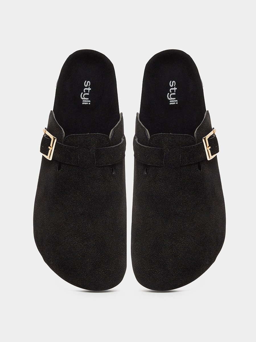 Men Black Suede Comfort Mules with Buckle