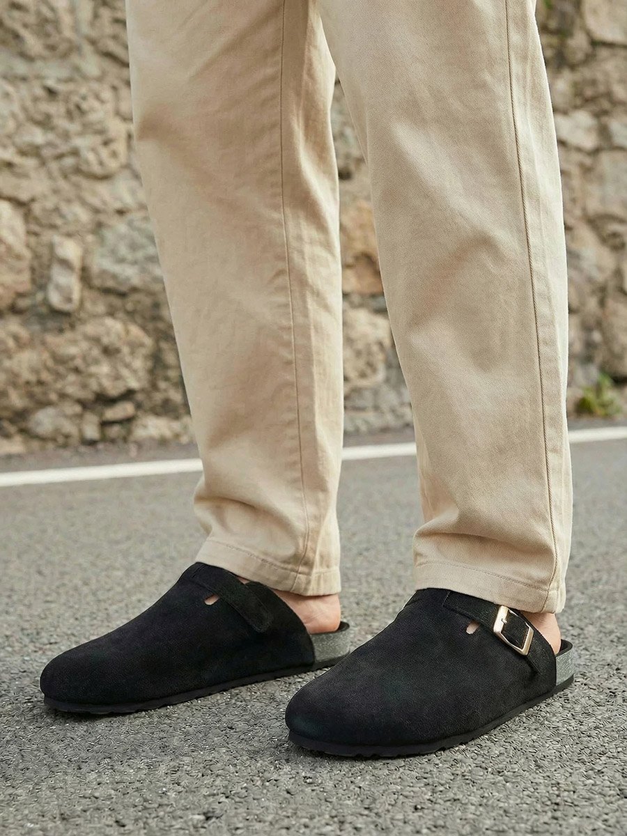Men Black Suede Comfort Mules with Buckle