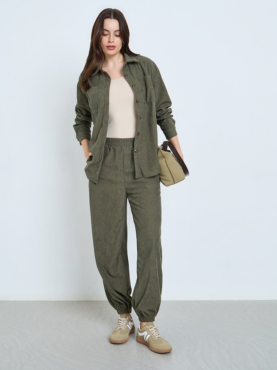 Women Olive Corduroy Shirt and Joggers Co-ords