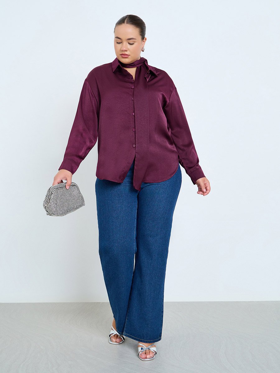 Plus Size Burgundy Satin Shirt For Women at UAE | Styli