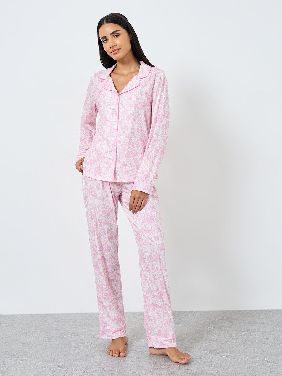 Floral Piped Long Sleeve Shirt and Pyjama Set