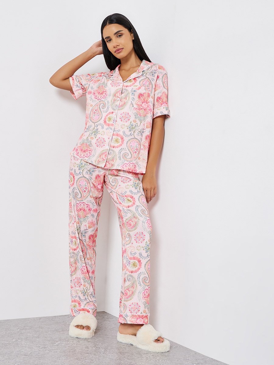Paisley Piped Short Sleeve Shirt and Pyjama Set
