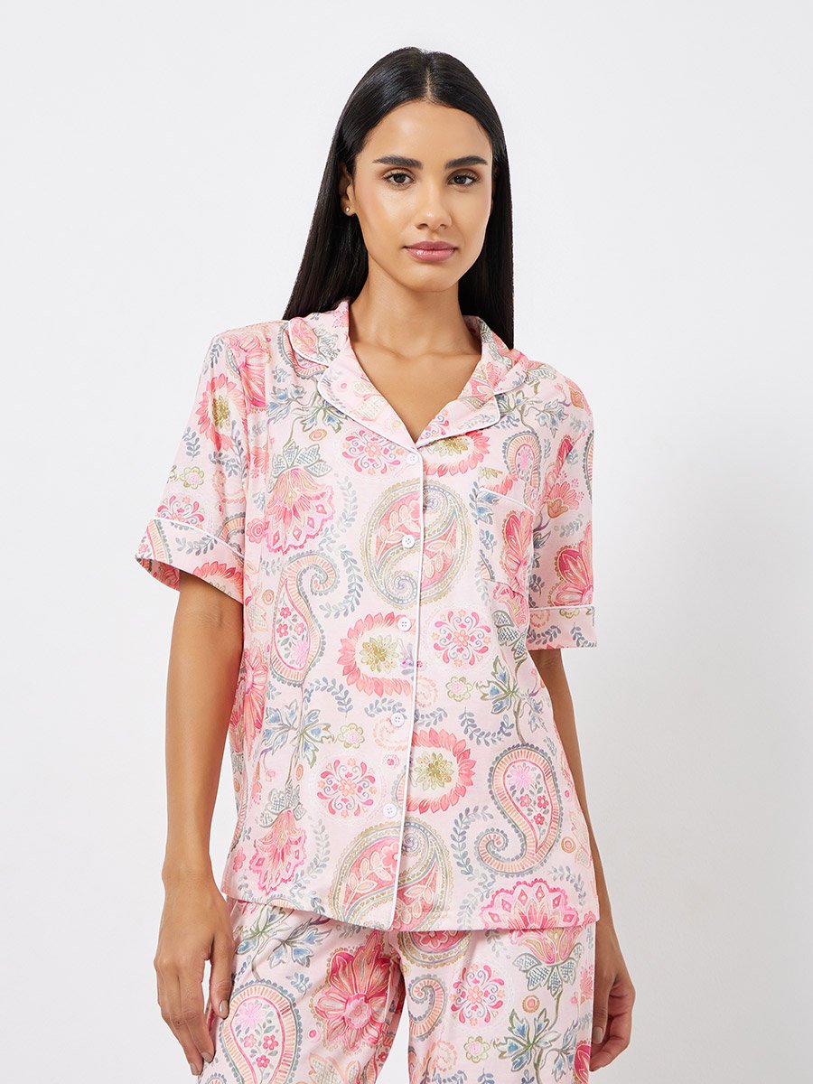 Paisley Piped Short Sleeve Shirt and Pyjama Set