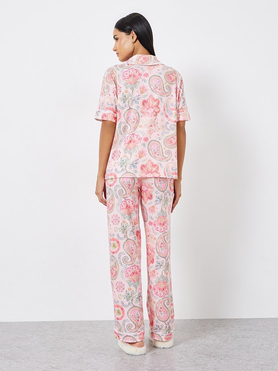 Paisley Piped Short Sleeve Shirt and Pyjama Set