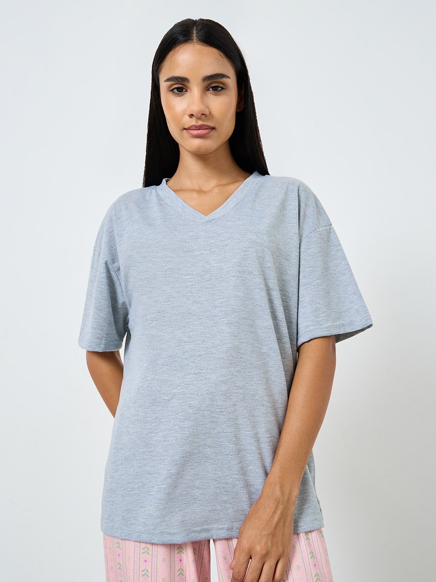 V Neck Solid T-Shirt and Linear Floral Pyjama Set