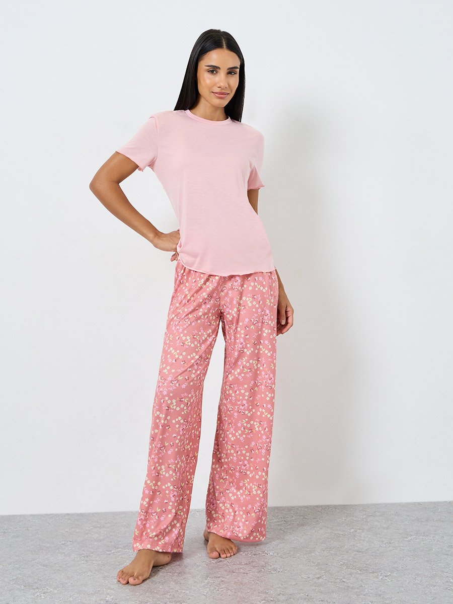 Solid T-Shirt and Floral Pyjama Set