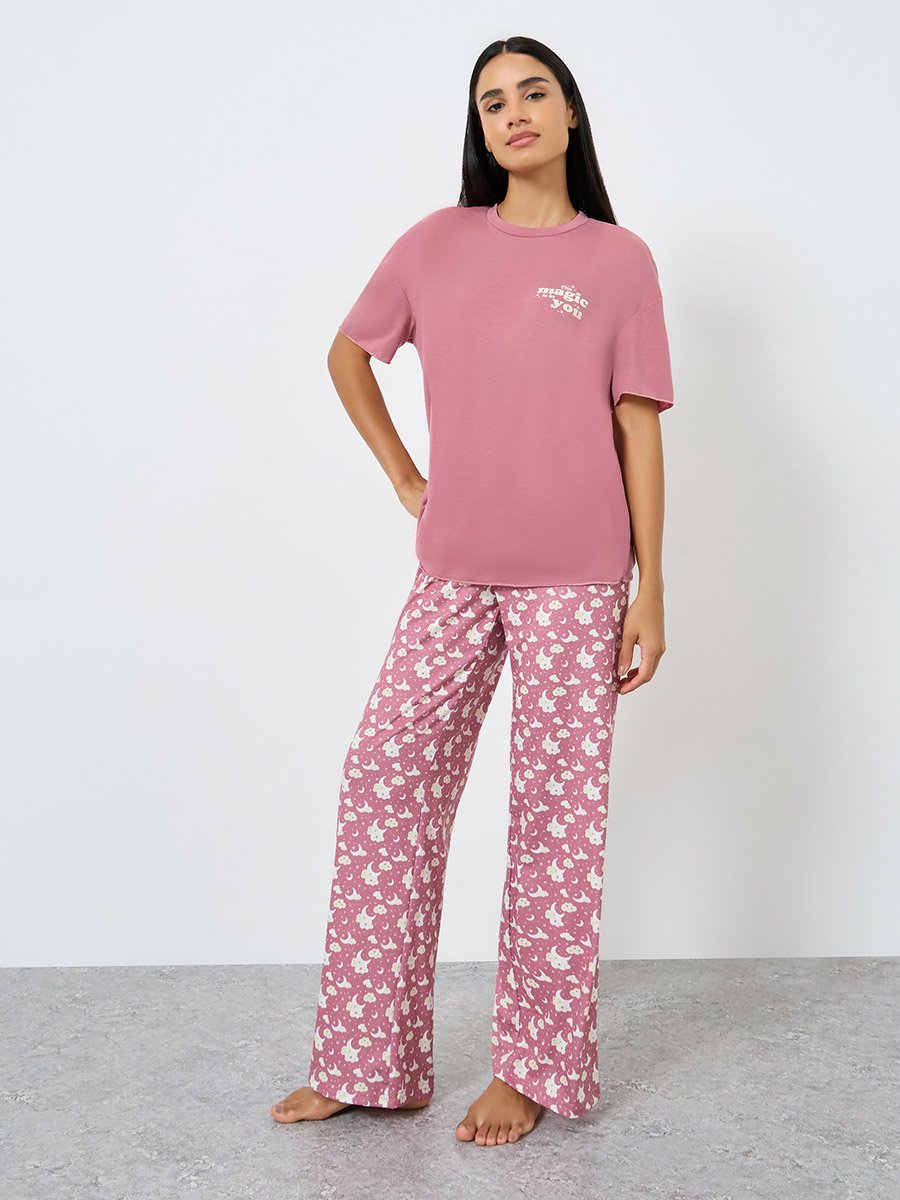 Magic Slogan Drop Shoulder T-Shirt and Cloud Print Pyjama Set