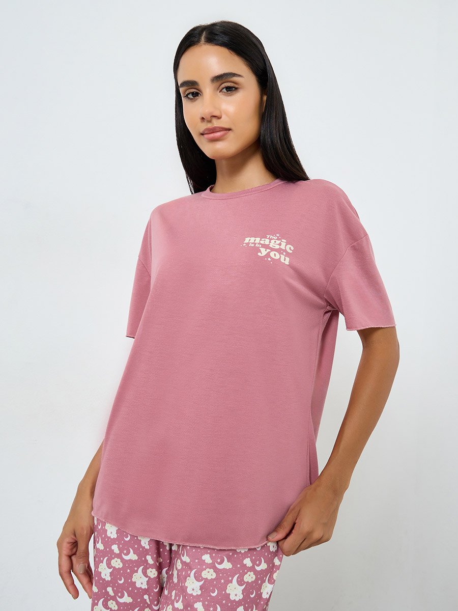 Magic Slogan Drop Shoulder T-Shirt and Cloud Print Pyjama Set