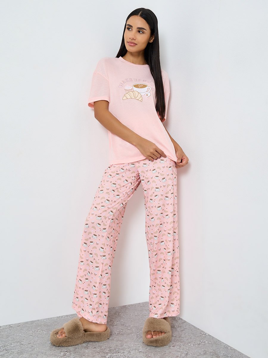 Coffee Graphic Print Drop Shoulder T-Shirt and Pyjama Set