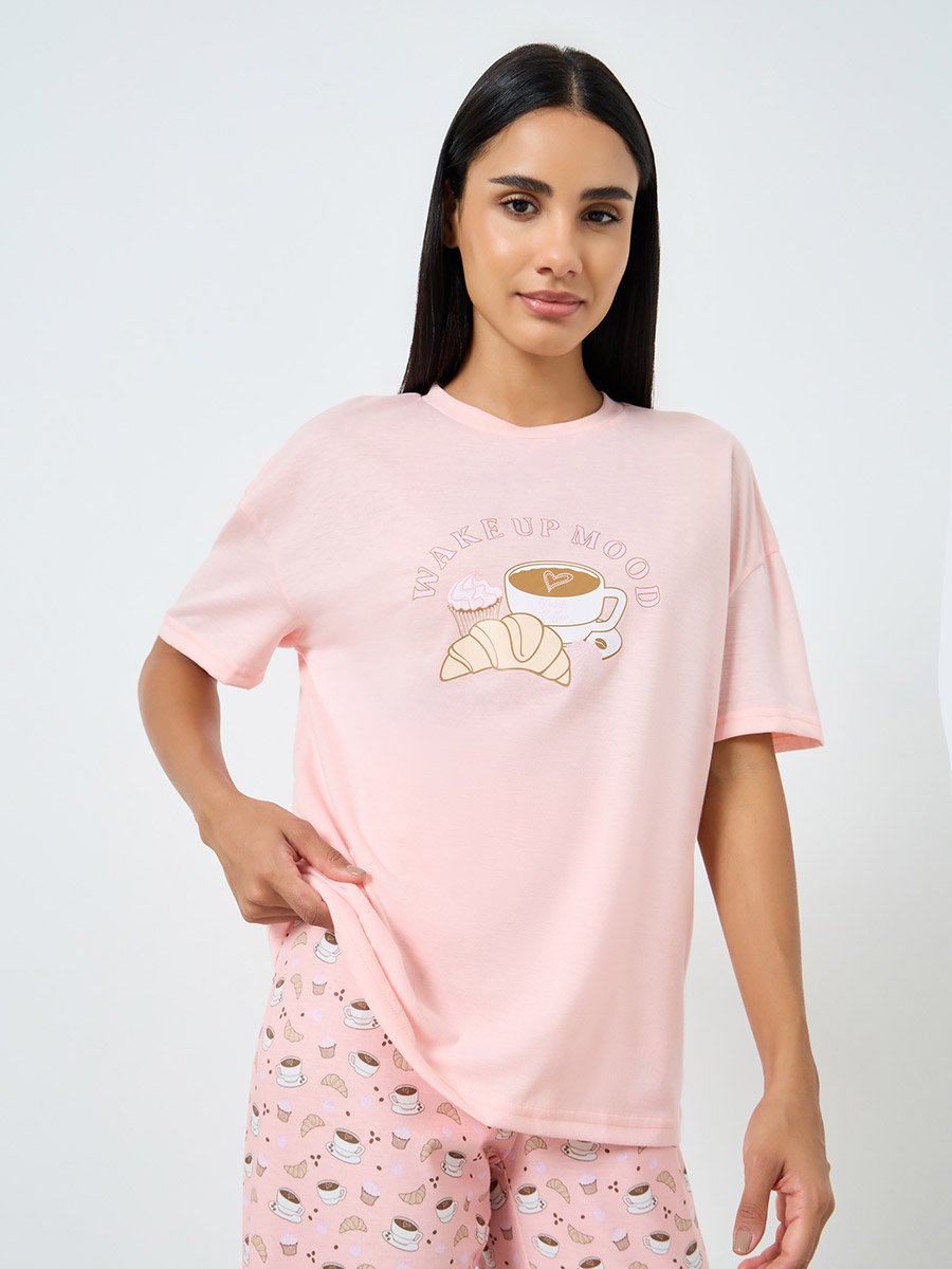 Coffee Graphic Print Drop Shoulder T-Shirt and Pyjama Set