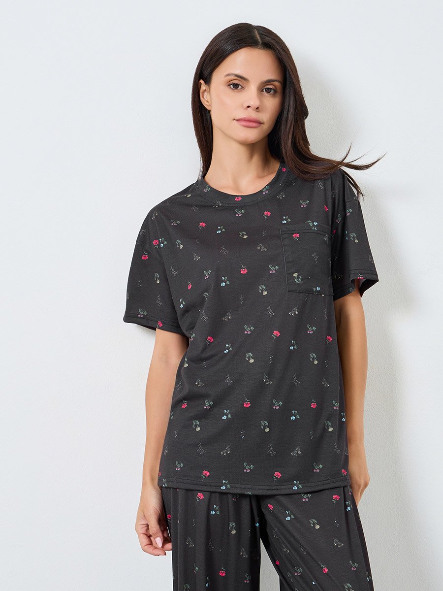 Multi Floral Drop Shoulder T-Shirt and Pyjama Set
