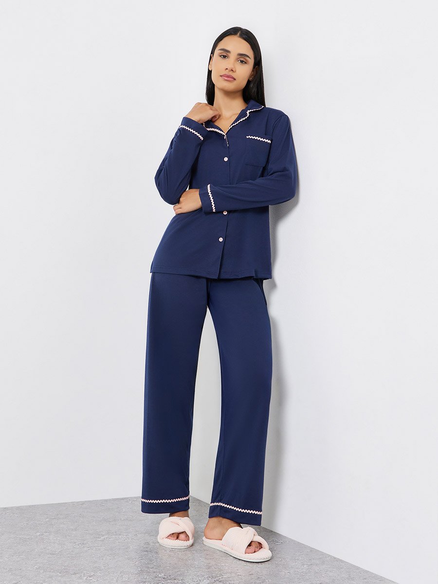 Rick Rack Trim Long Sleeve Shirt and Pyjama Set