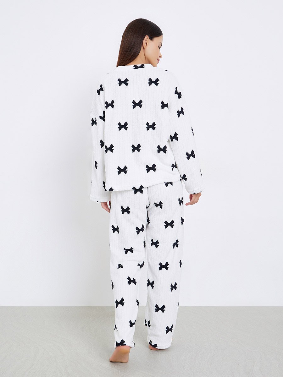 Rib Fleece Bow Print Long Sleeve Top and Pyjama Set