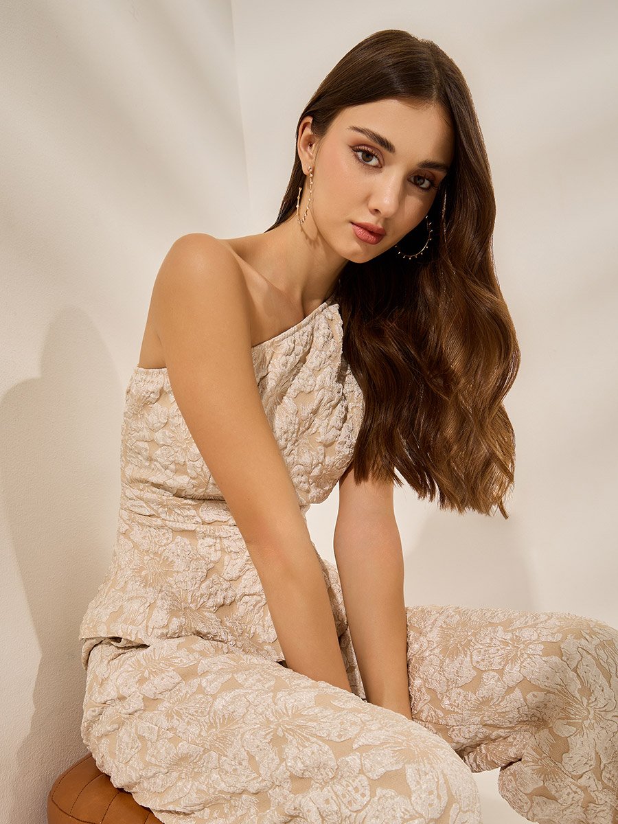 Beige Jacquard Sleeveless Blouse