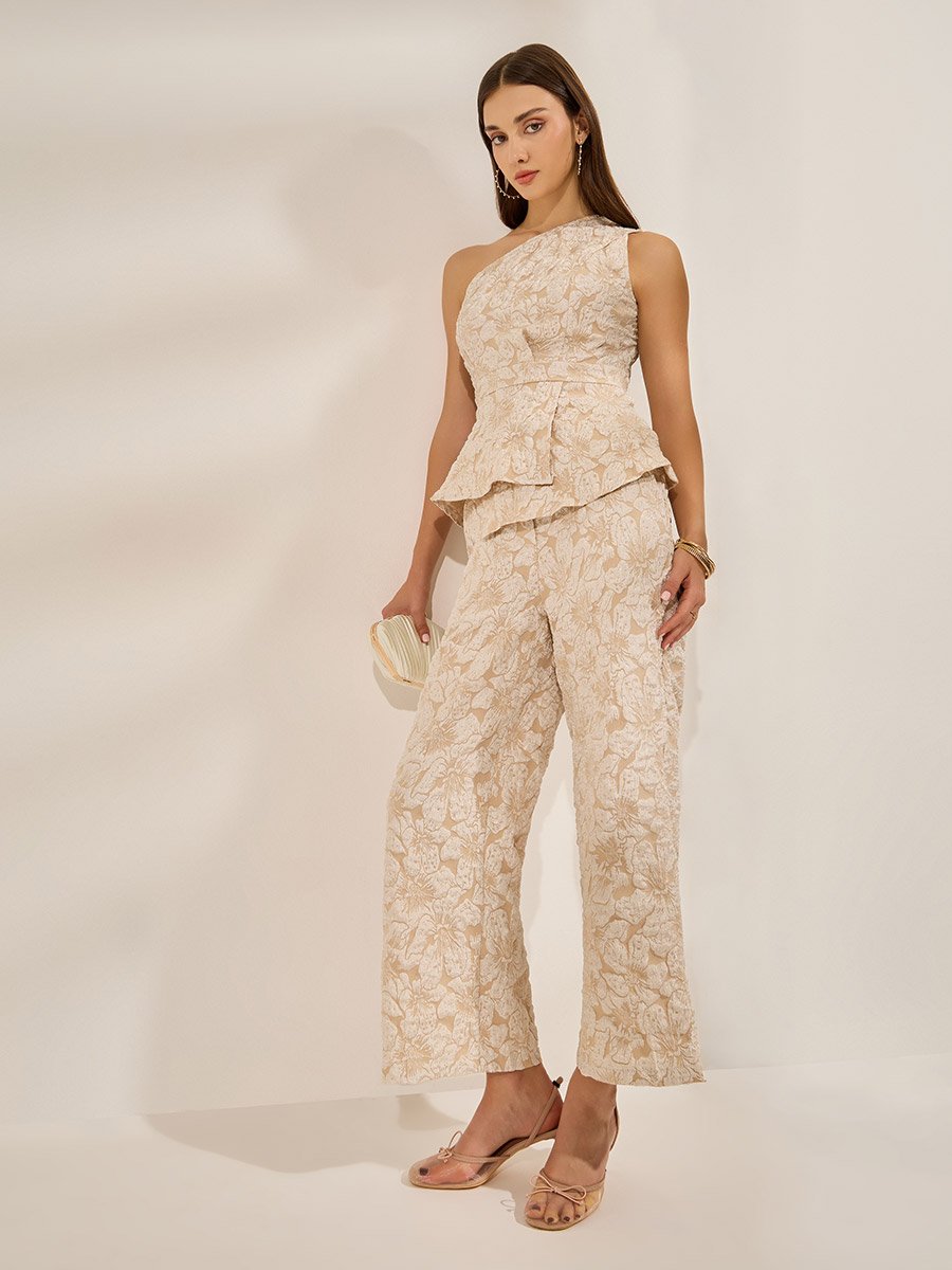 Beige Jacquard Sleeveless Blouse