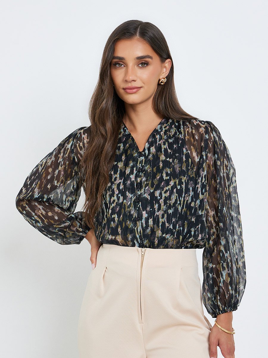 Black Print Sheer Balloon Sleeves Blouse