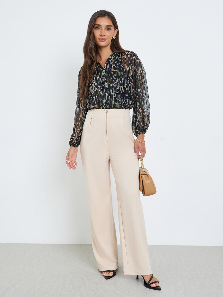 Black Print Sheer Balloon Sleeves Blouse