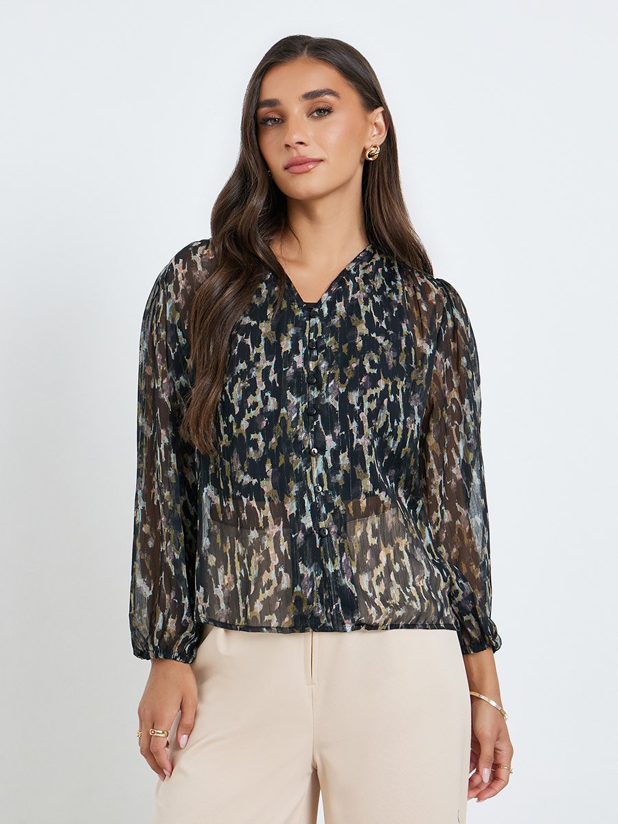 Black Print Sheer Balloon Sleeves Blouse