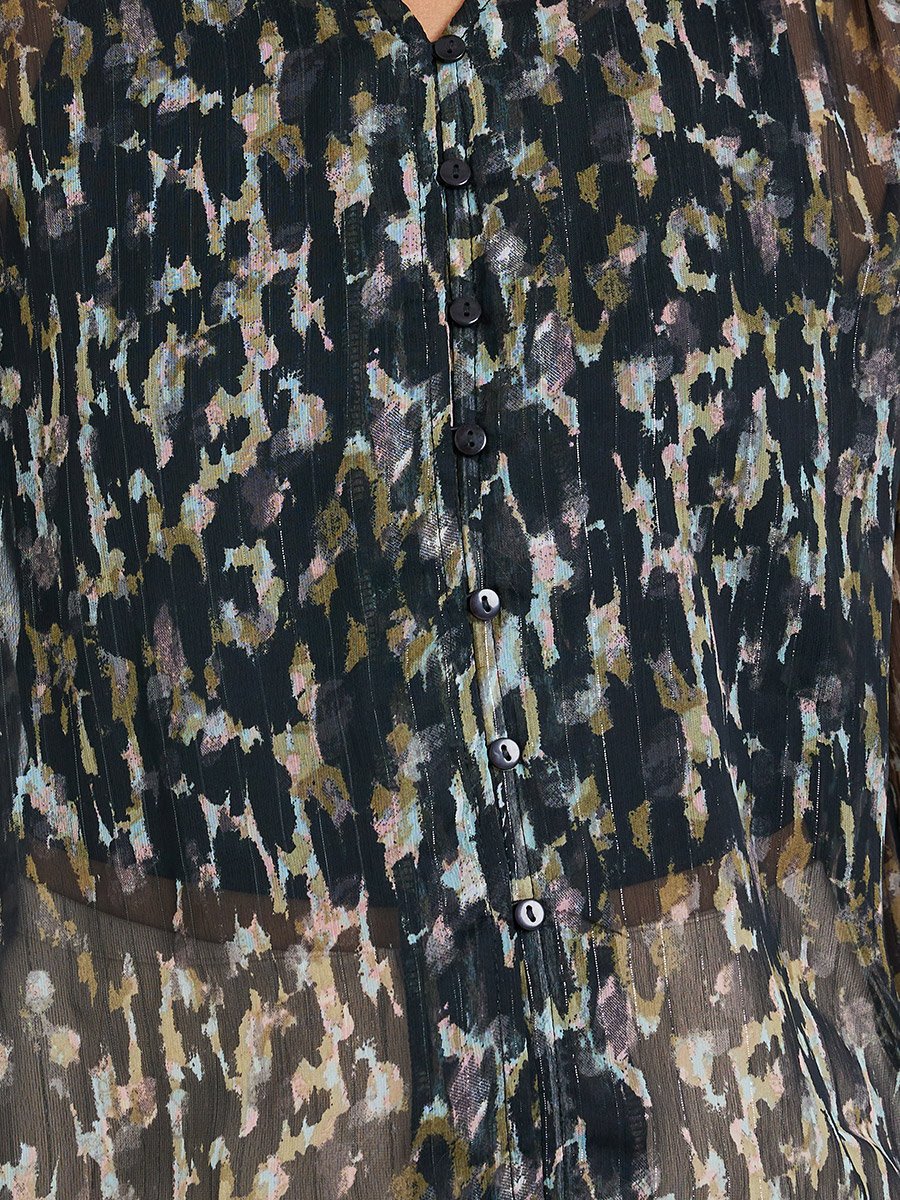 Black Print Sheer Balloon Sleeves Blouse