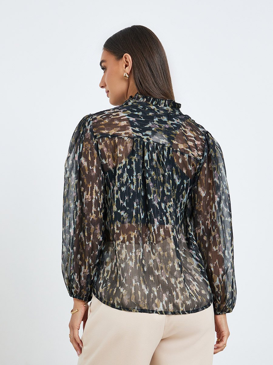 Black Print Sheer Balloon Sleeves Blouse