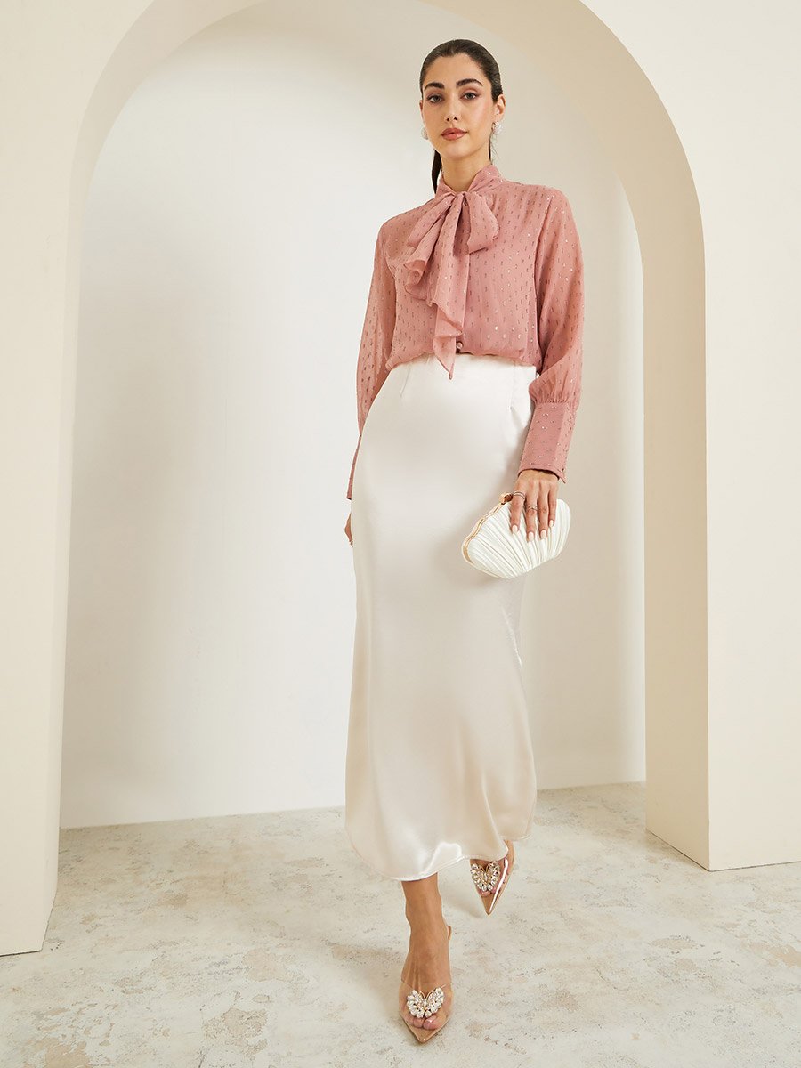 Women Pink Textured Tie-Neck Blouse