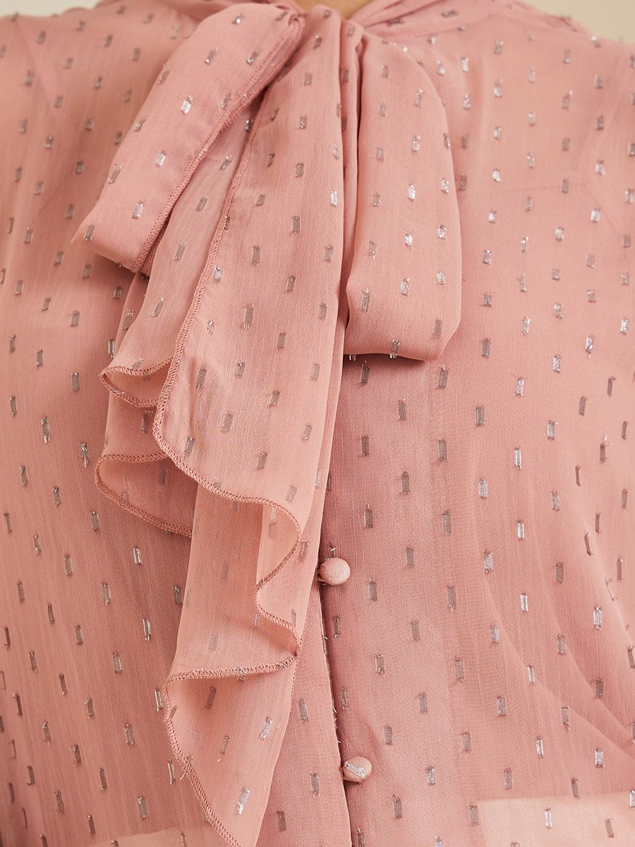 Women Pink Textured Tie-Neck Blouse