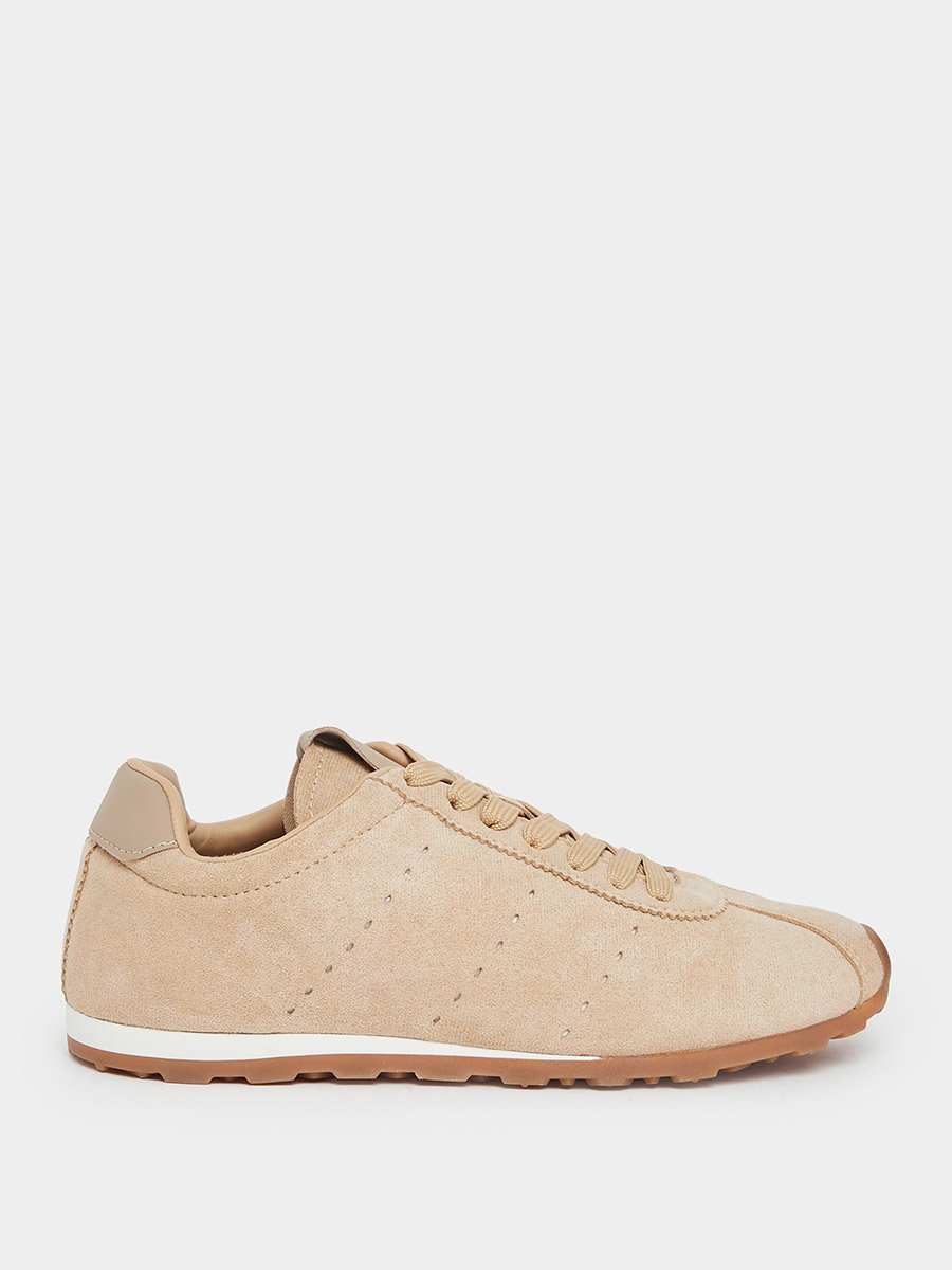 Tan Suede-Look Lace-Up Sneakers