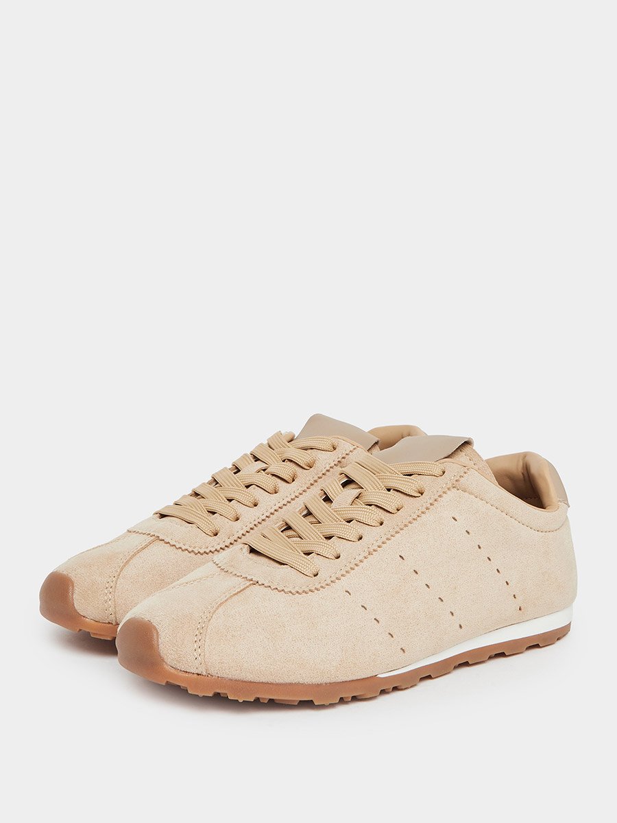 Tan Suede-Look Lace-Up Sneakers