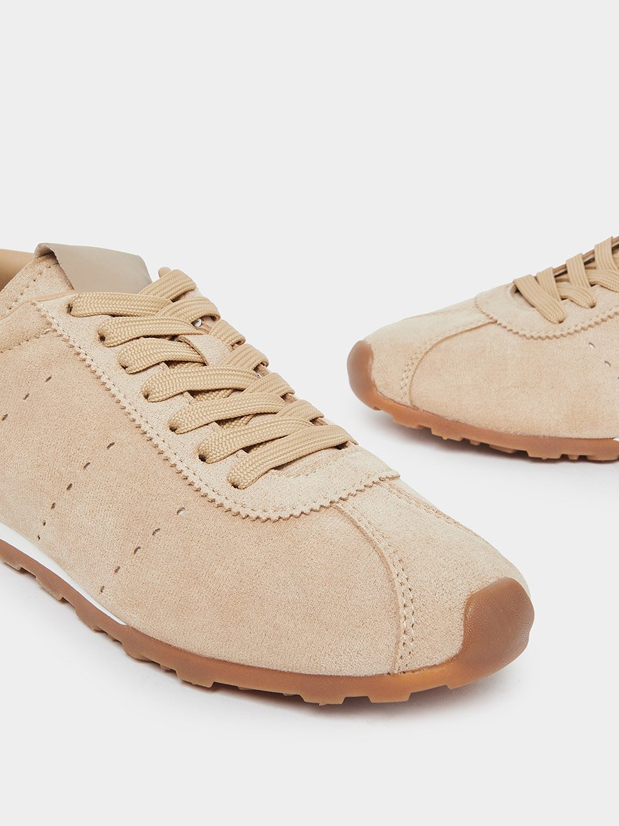 Tan Suede-Look Lace-Up Sneakers