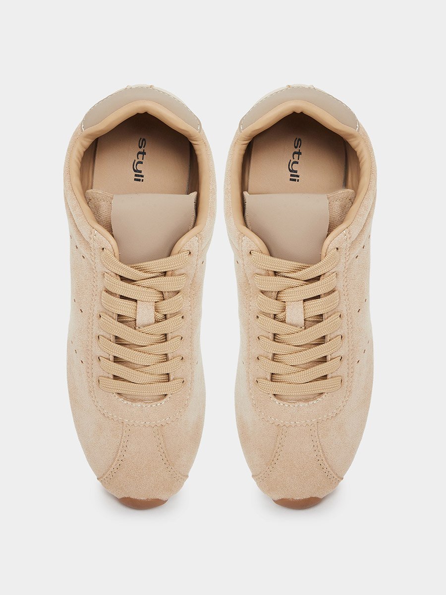 Tan Suede-Look Lace-Up Sneakers