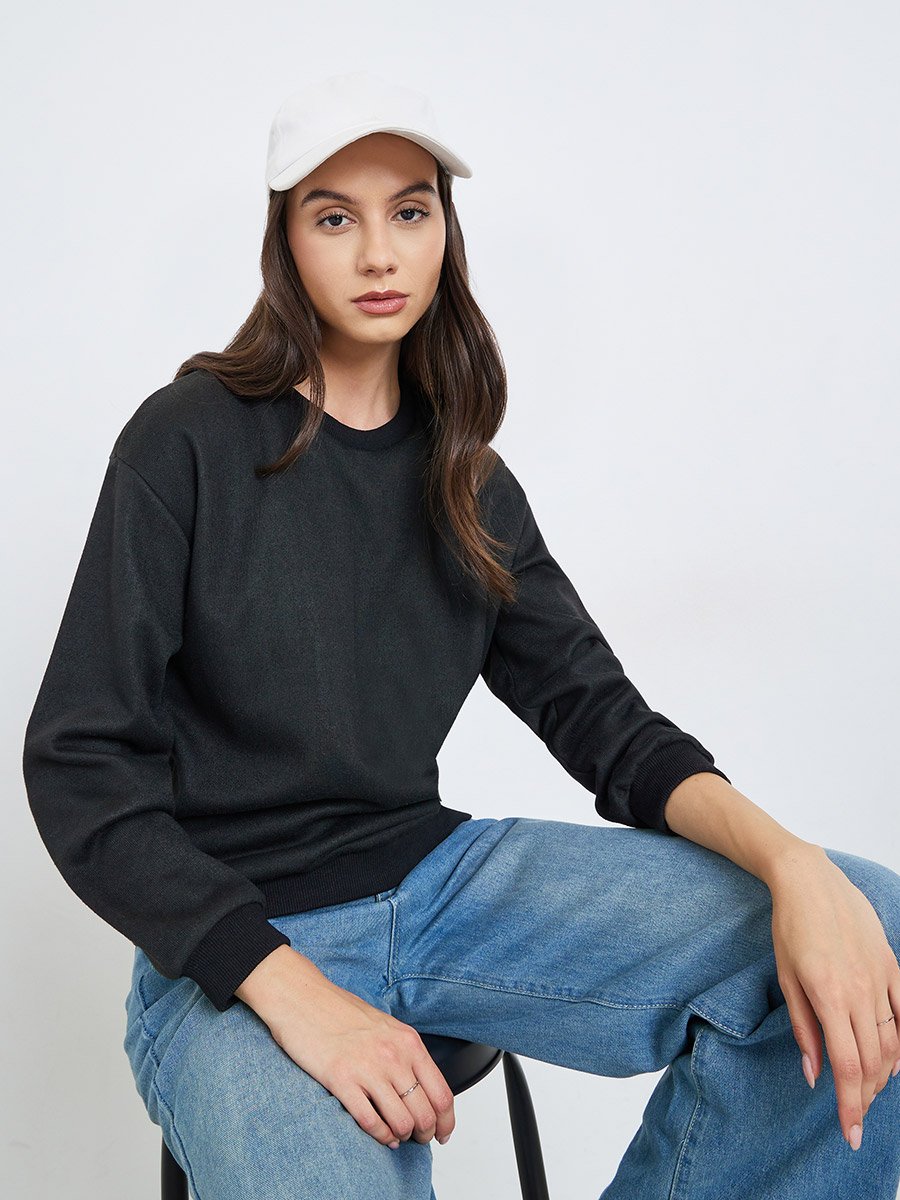 Black Regular Fit Round Neck Sweatshirt