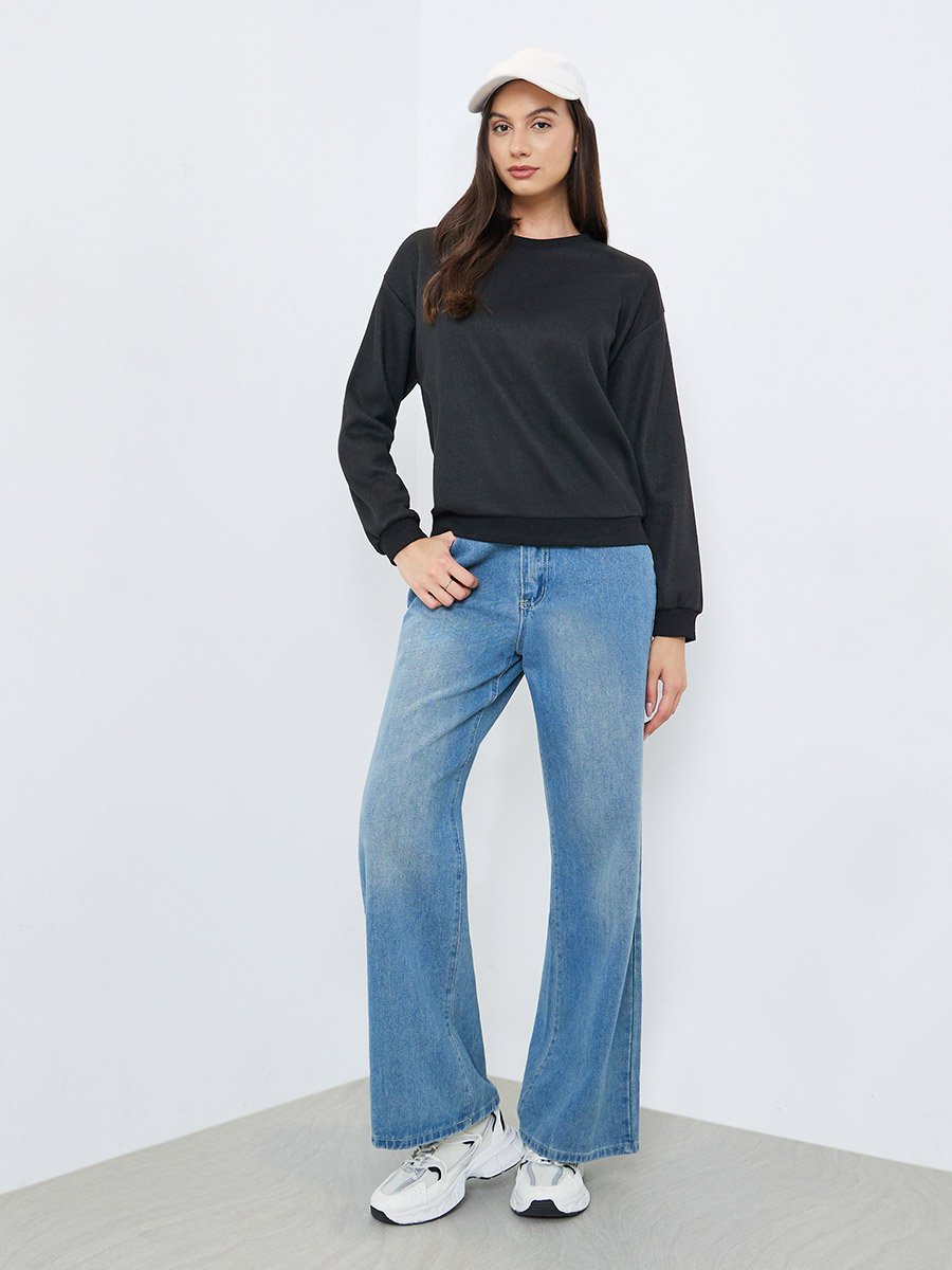 Black Regular Fit Round Neck Sweatshirt