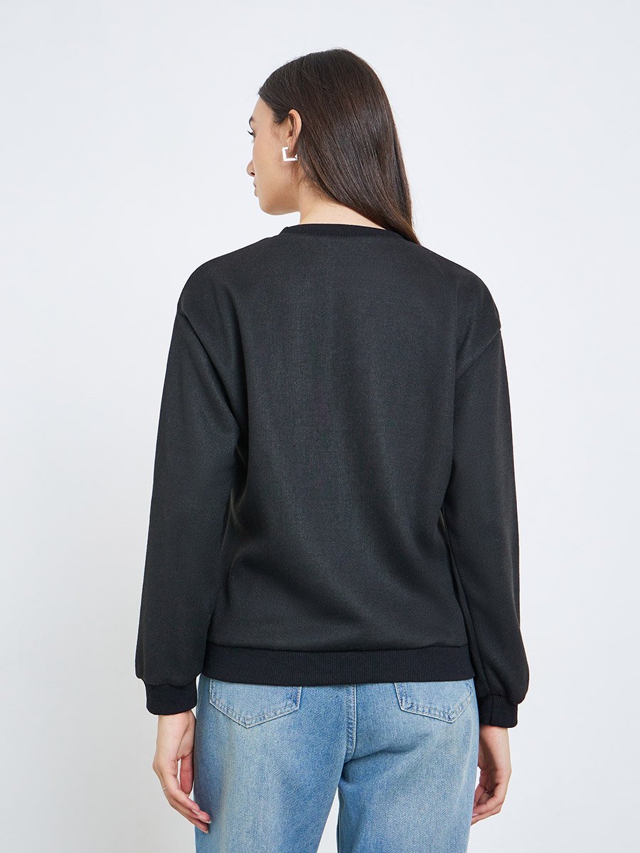Black Regular Fit Round Neck Sweatshirt