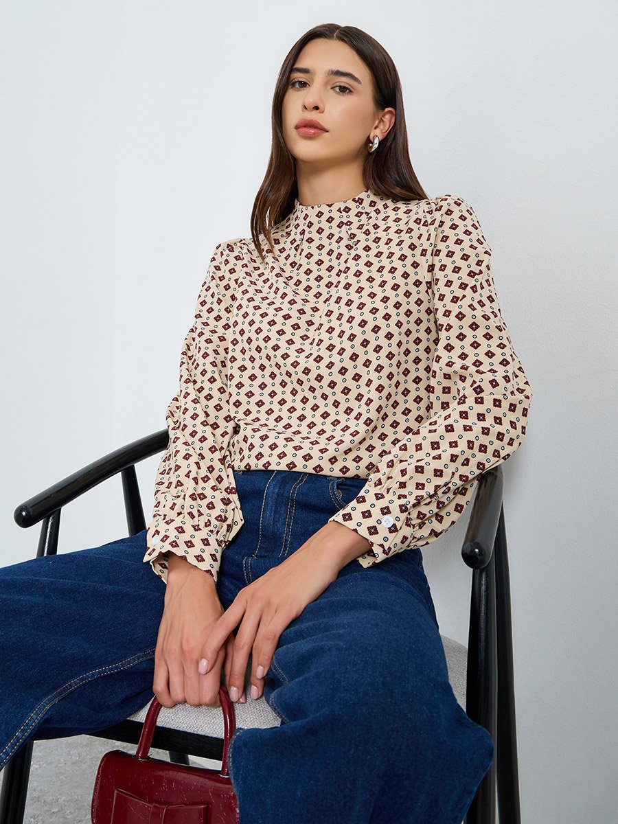 All-Over Printed Mock Neck Puff Sleeve Top