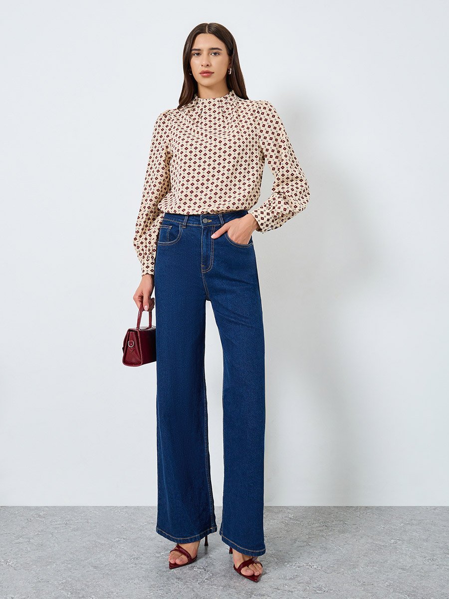 All-Over Printed Mock Neck Puff Sleeve Top