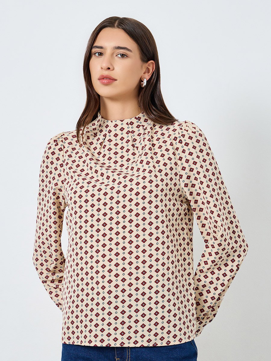All-Over Printed Mock Neck Puff Sleeve Top