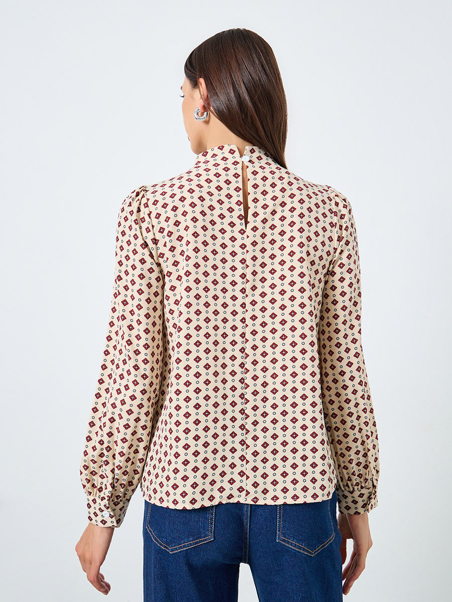 All-Over Printed Mock Neck Puff Sleeve Top