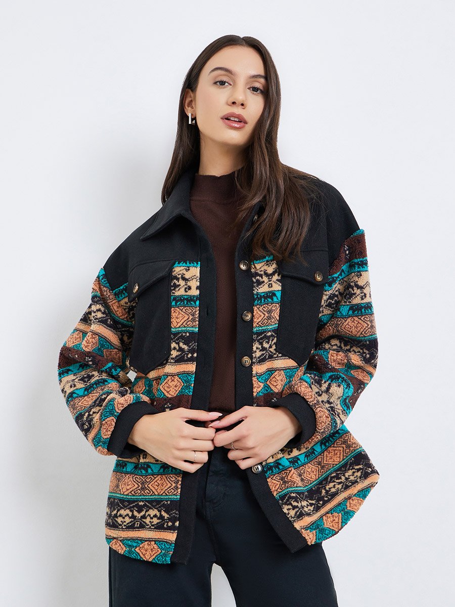 Women Boho Print Button Front Jacket