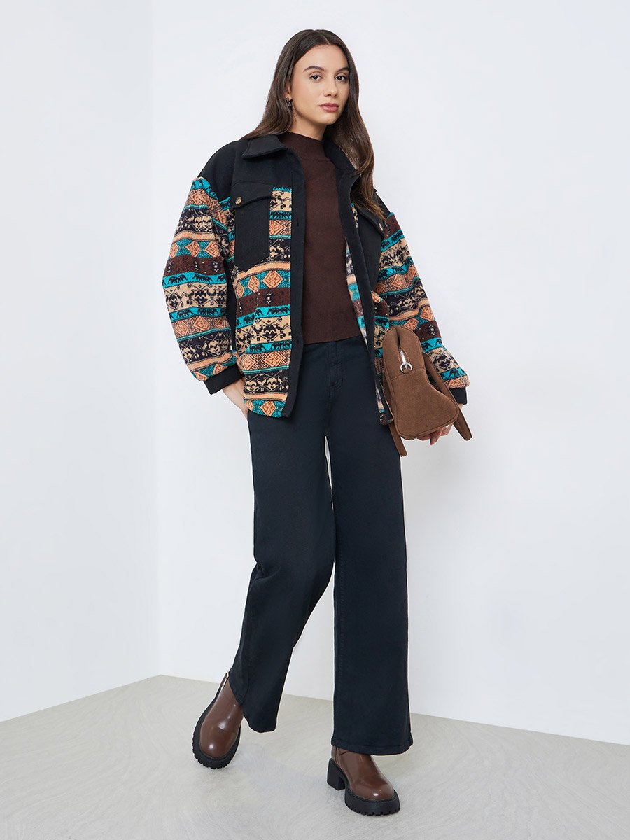 Women Boho Print Button Front Jacket