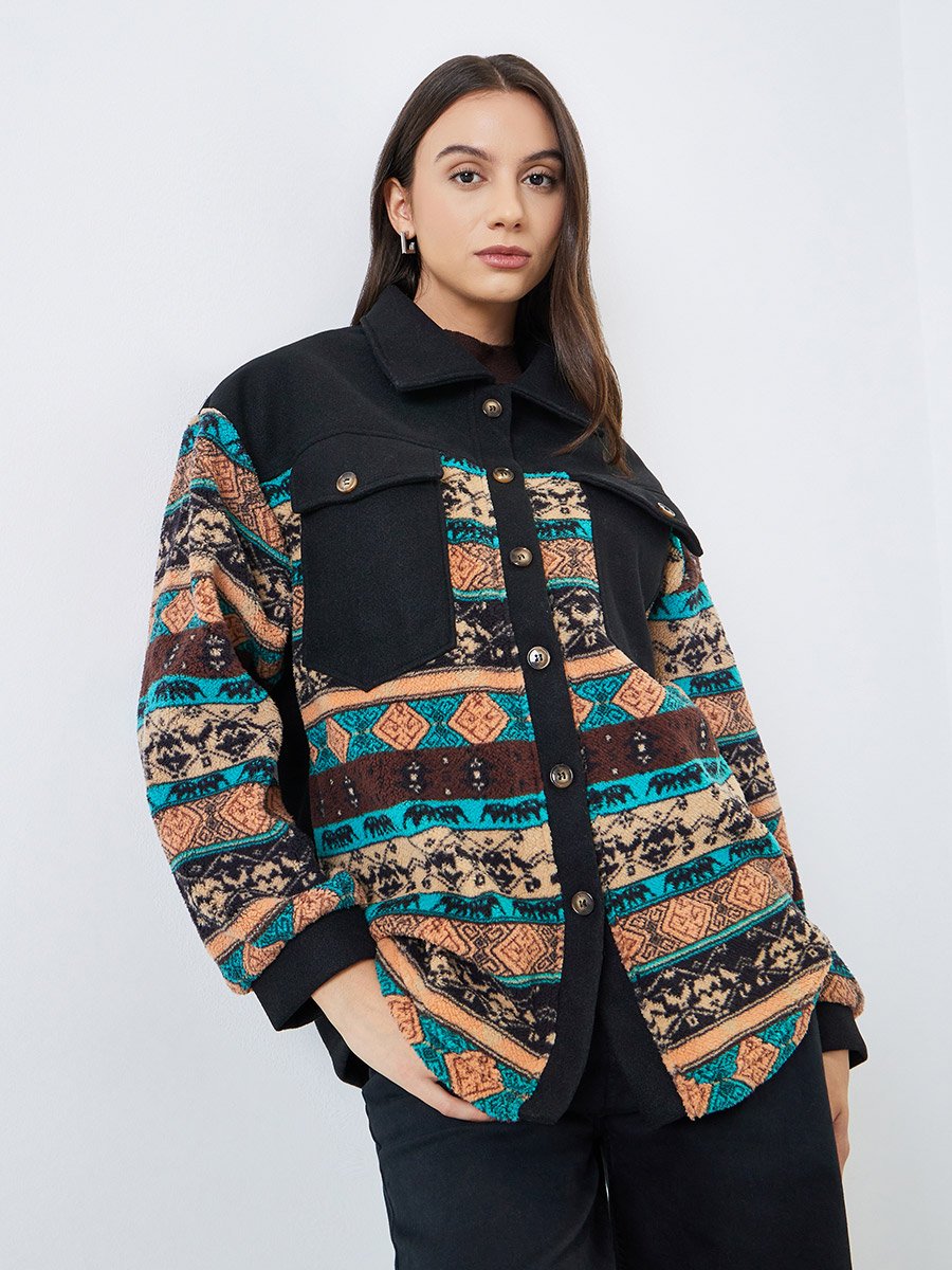 Women Boho Print Button Front Jacket