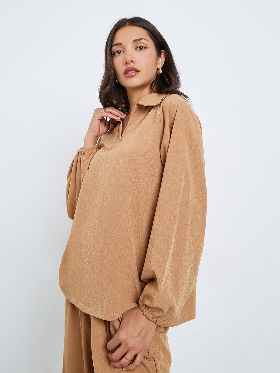 Women Beige Shirt Collar Top and Pants Modest Set