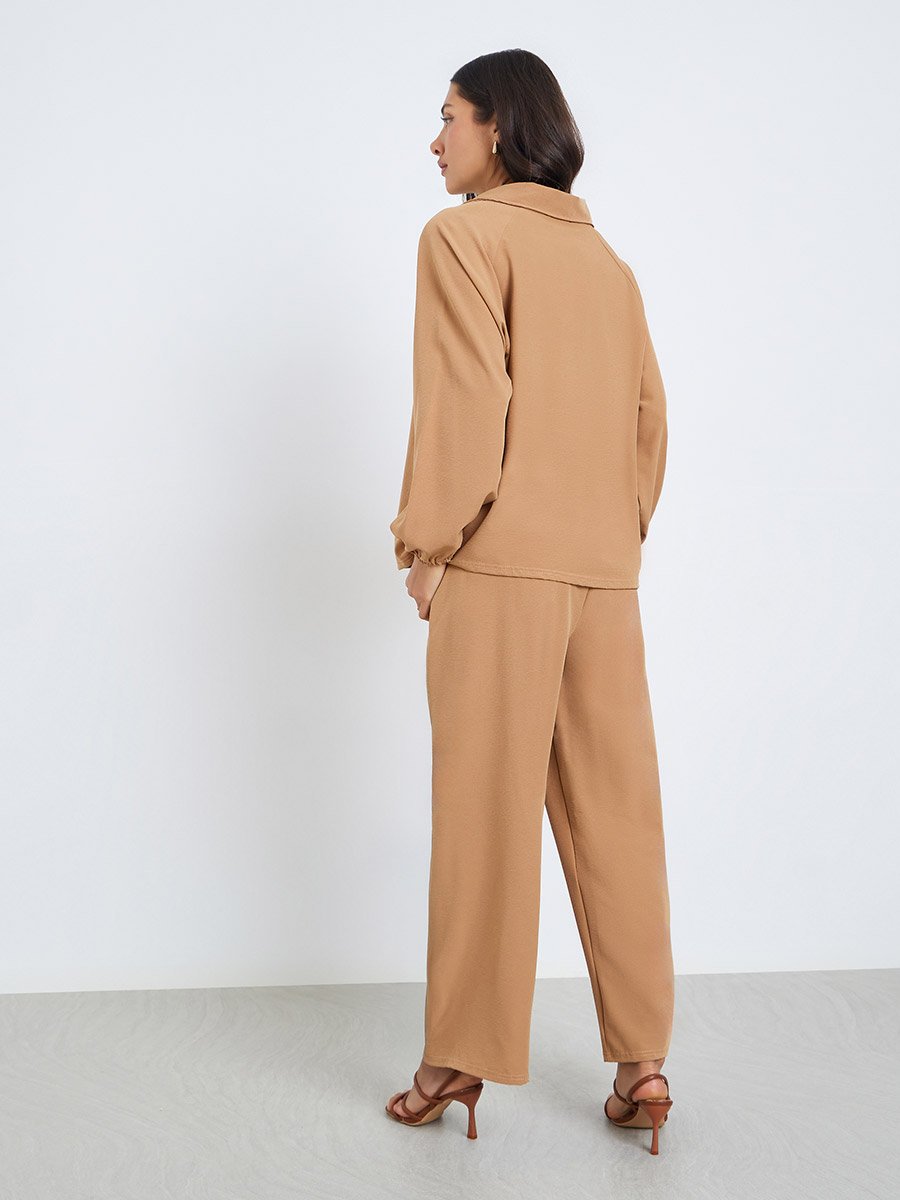 Women Beige Shirt Collar Top and Pants Modest Set