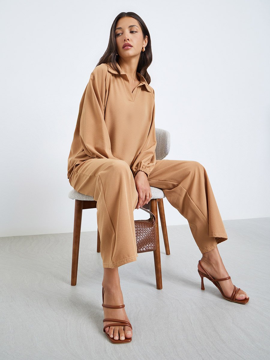 Women Beige Shirt Collar Top and Pants Modest Set