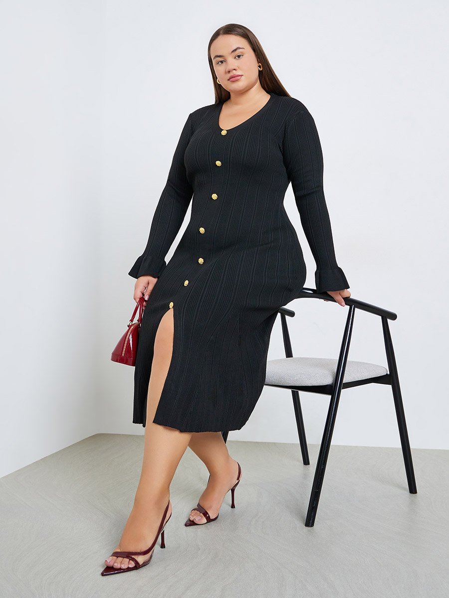 black ribbed button detail midi dress New Pretty Little Thing Black Ribbed Button Detail Midi Dress Womens LBD  Size 6