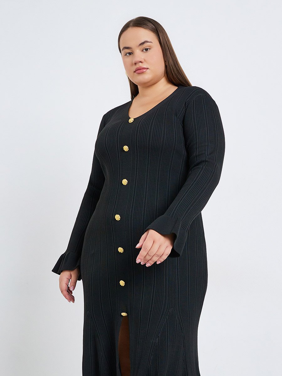 black ribbed button detail midi dress Keyara Button Detail Ribbed Slit Midi Dress Black