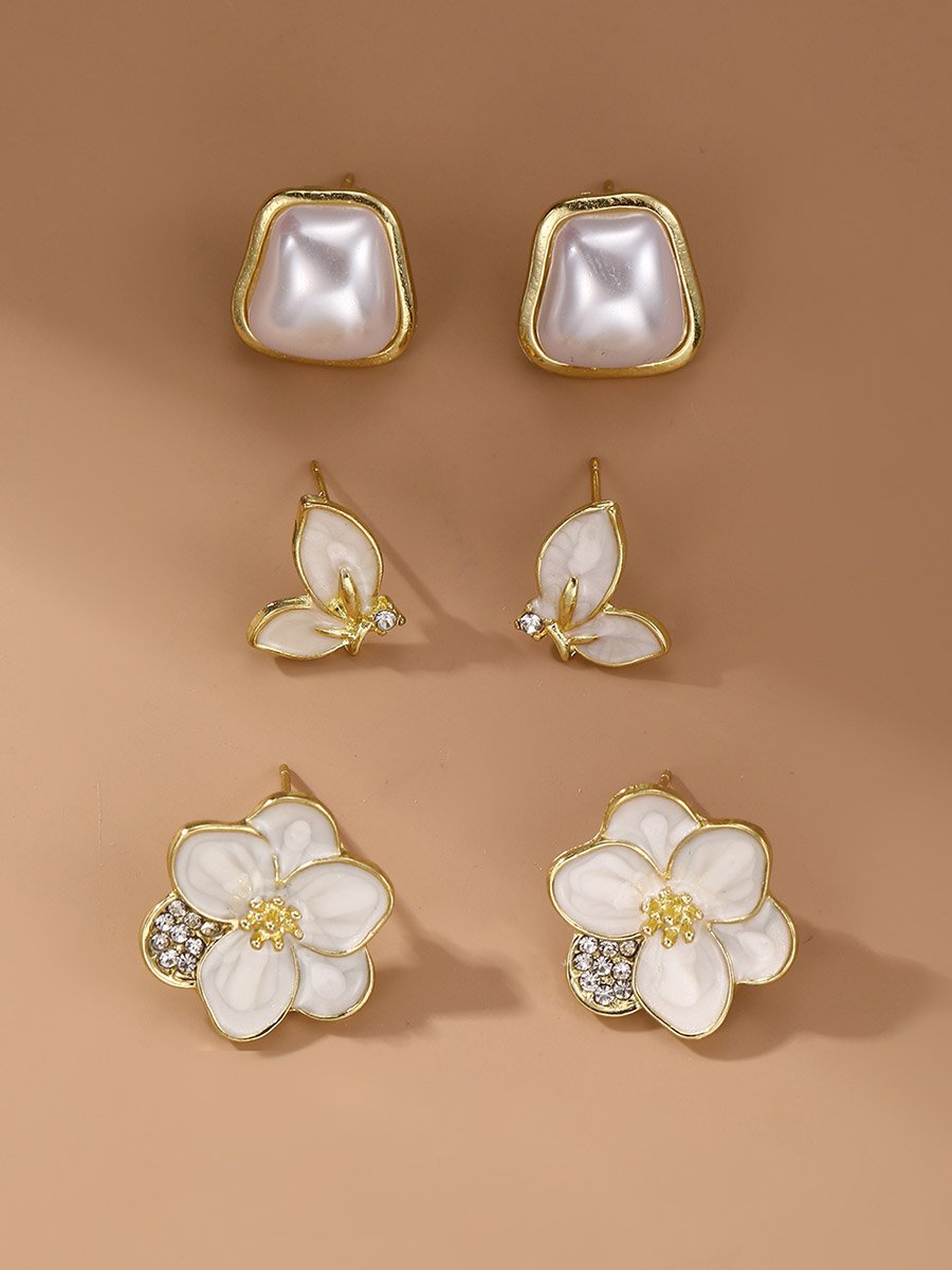 Set of 3 - Faux Pearl Flower Earrings