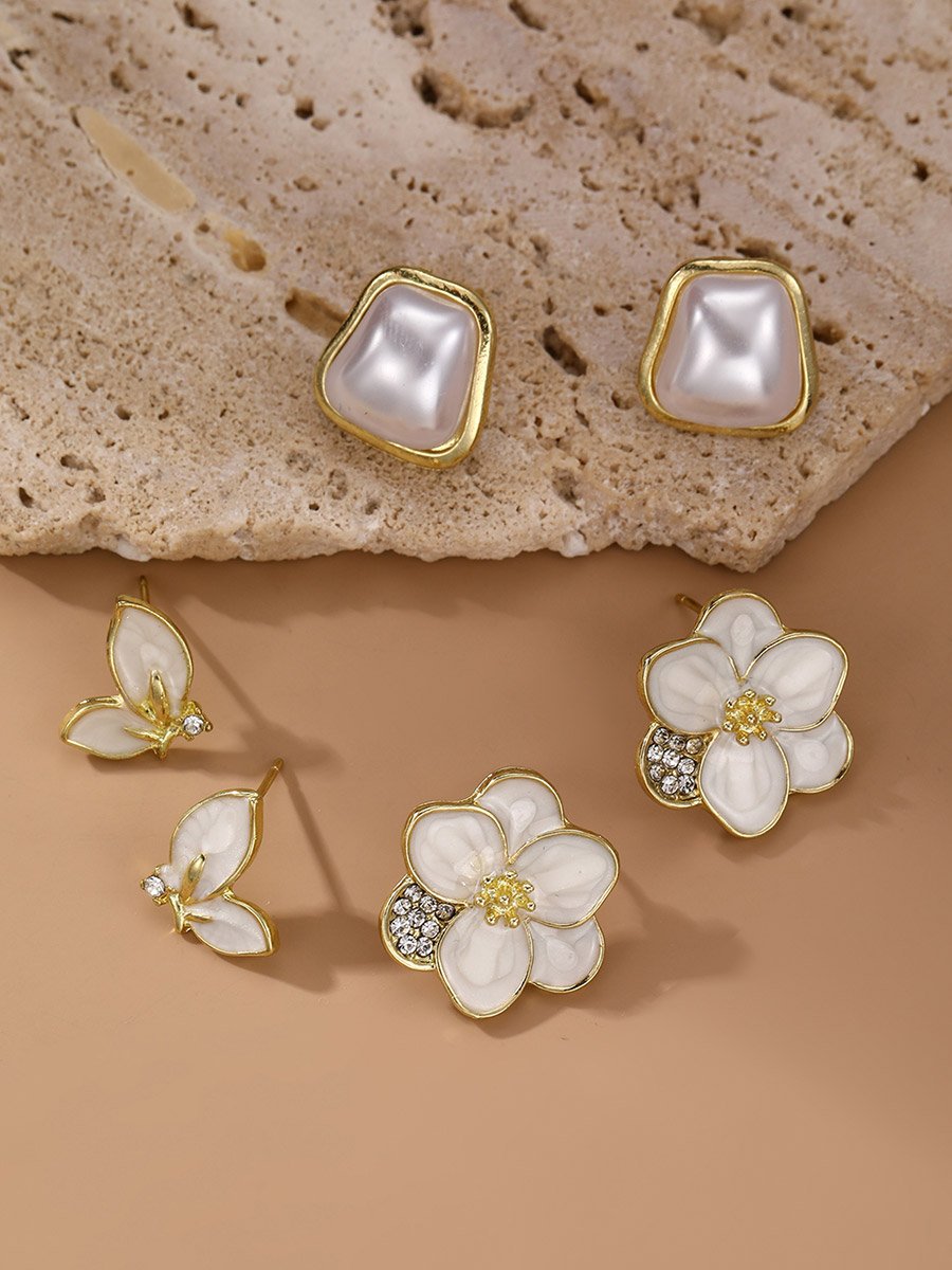 Set of 3 - Faux Pearl Flower Earrings