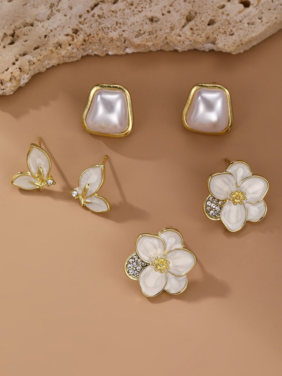 Set of 3 - Faux Pearl Flower Earrings