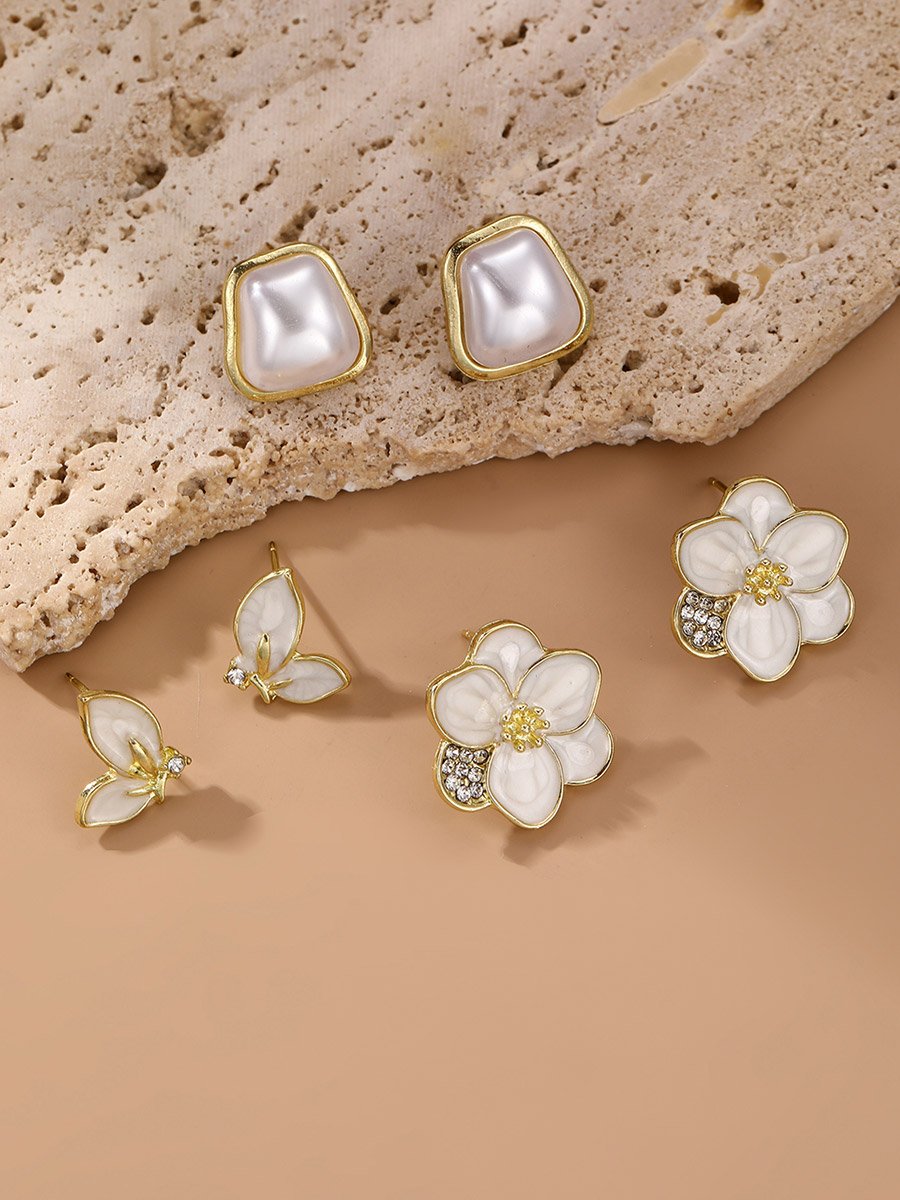 Set of 3 - Faux Pearl Flower Earrings